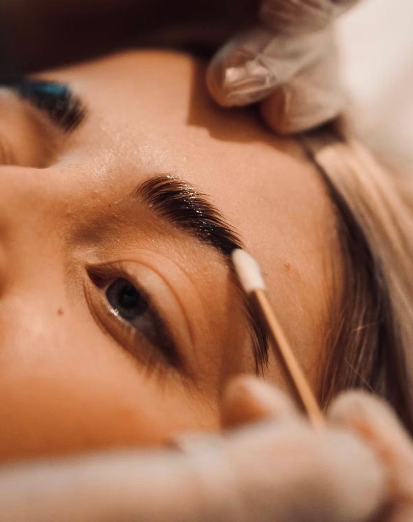 Close-up of a freshly tinted eyebrow