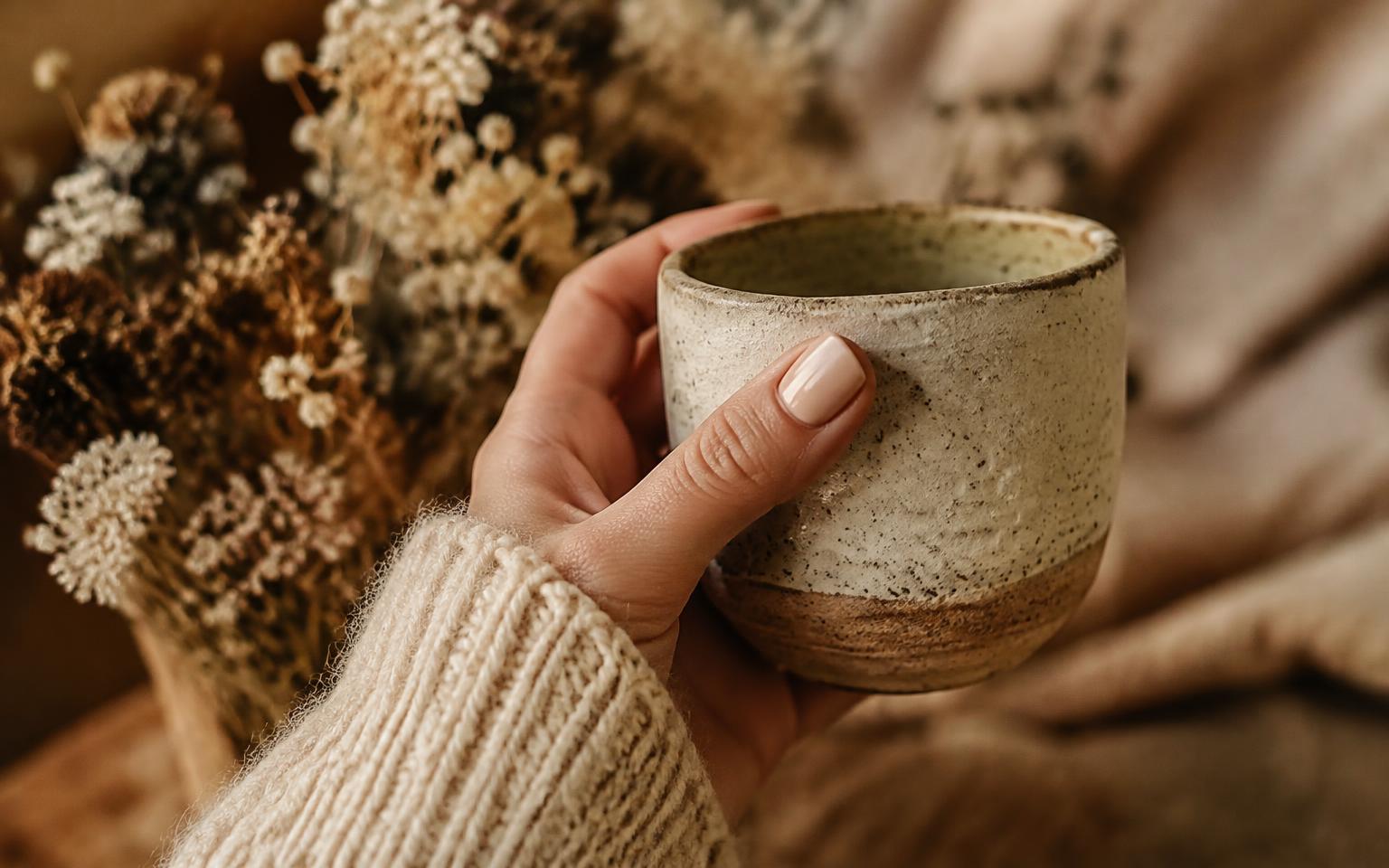 Hand with a neat nude manicure holding a ceramic cup
