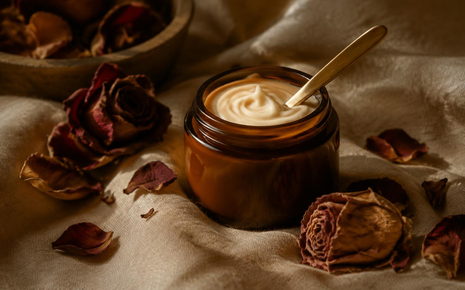 Rich face cream in an amber jar with dried roses
