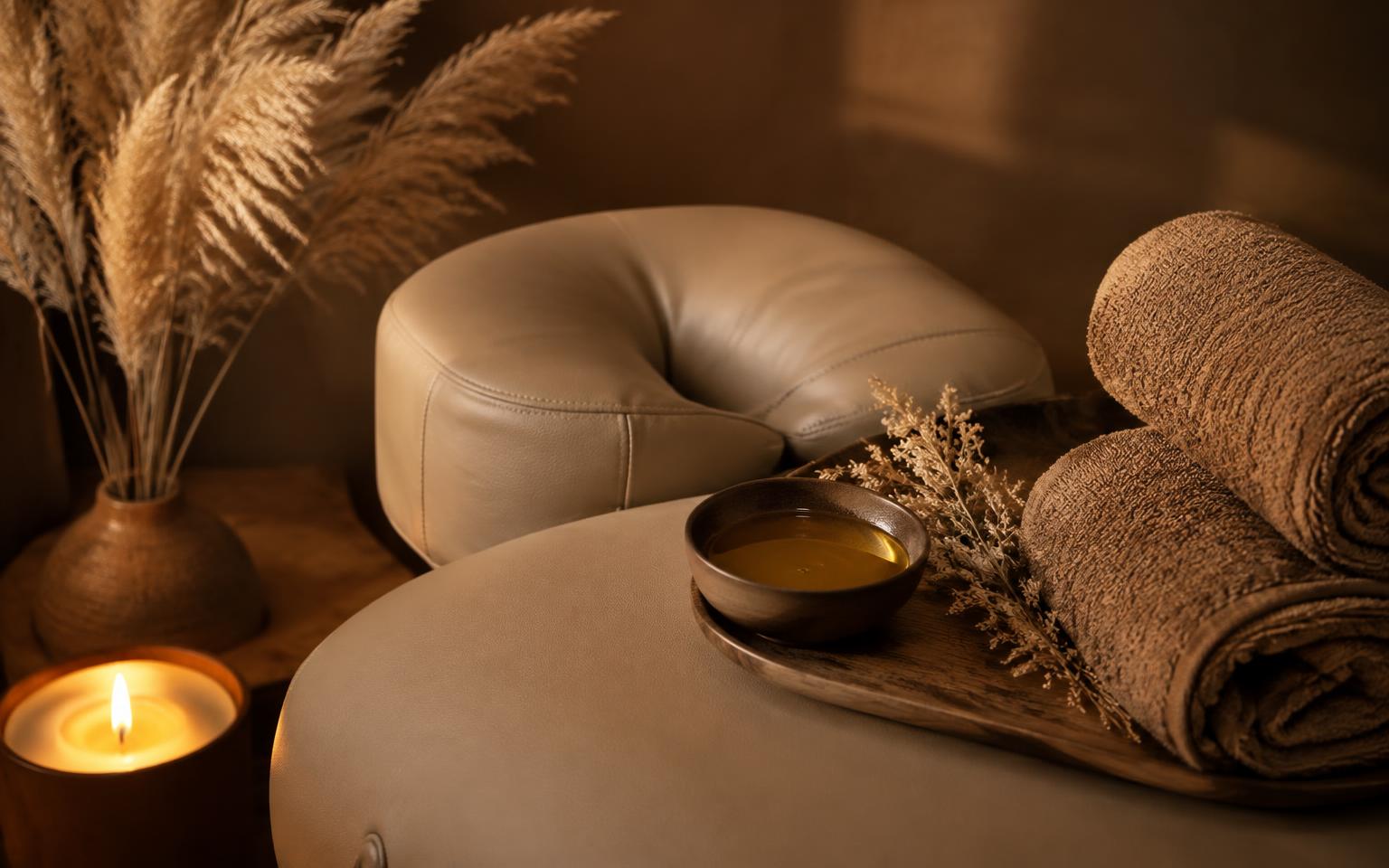 Massage couch headrest with towels and warm oil