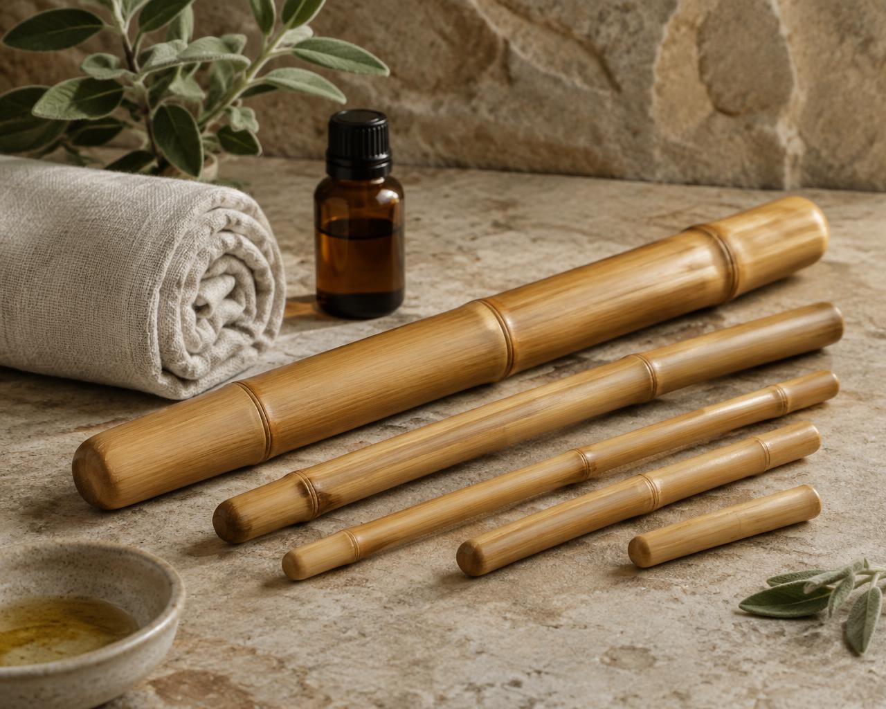 Smooth bamboo massage canes on warm stone with a rolled towel and oil