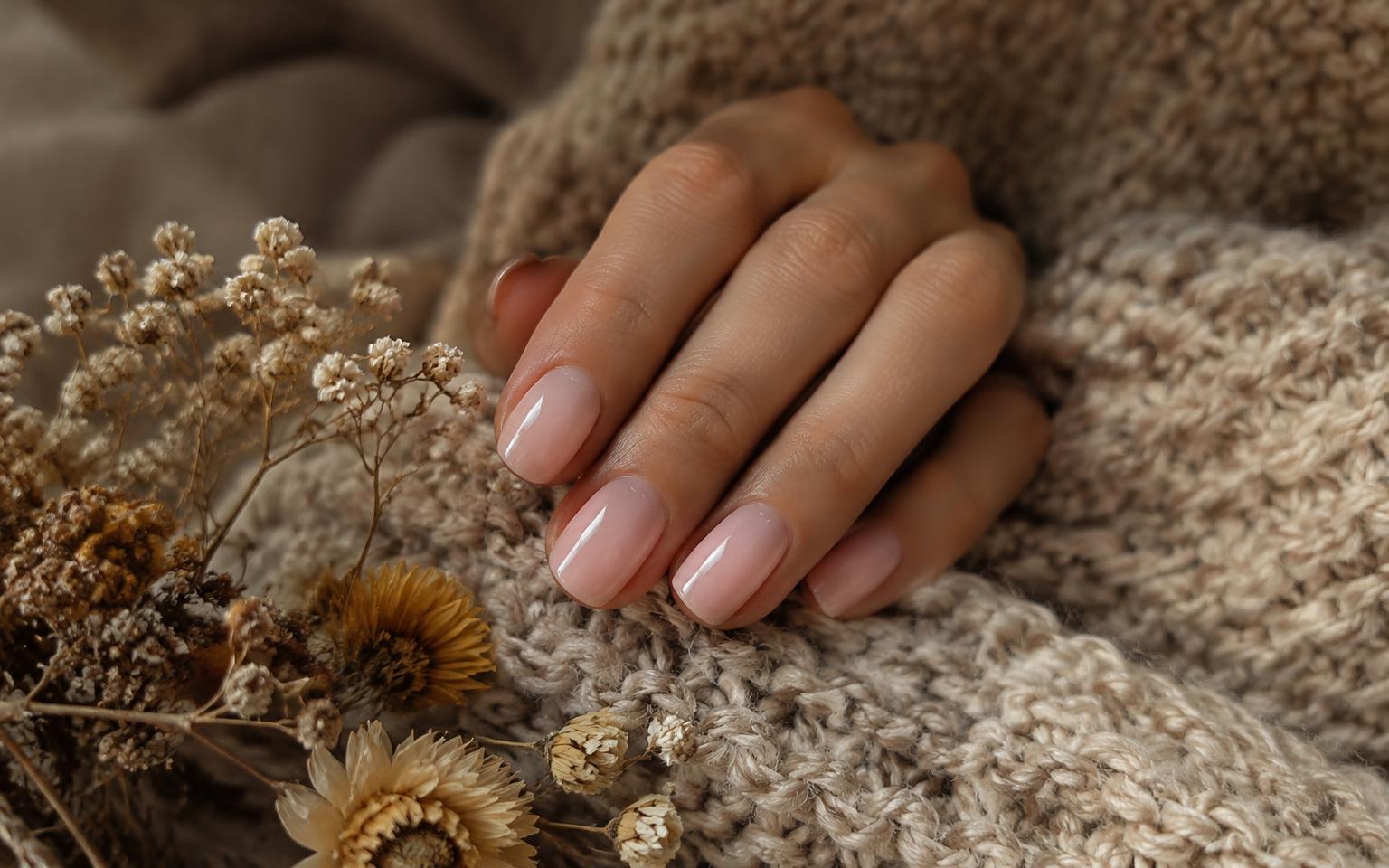 Glossy builder gel nails on a chunky knit blanket