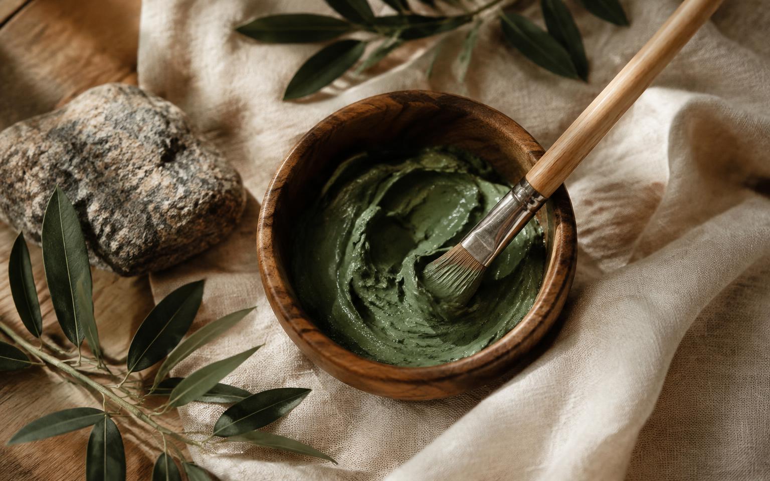 Green clay mask in a wooden bowl with a brush