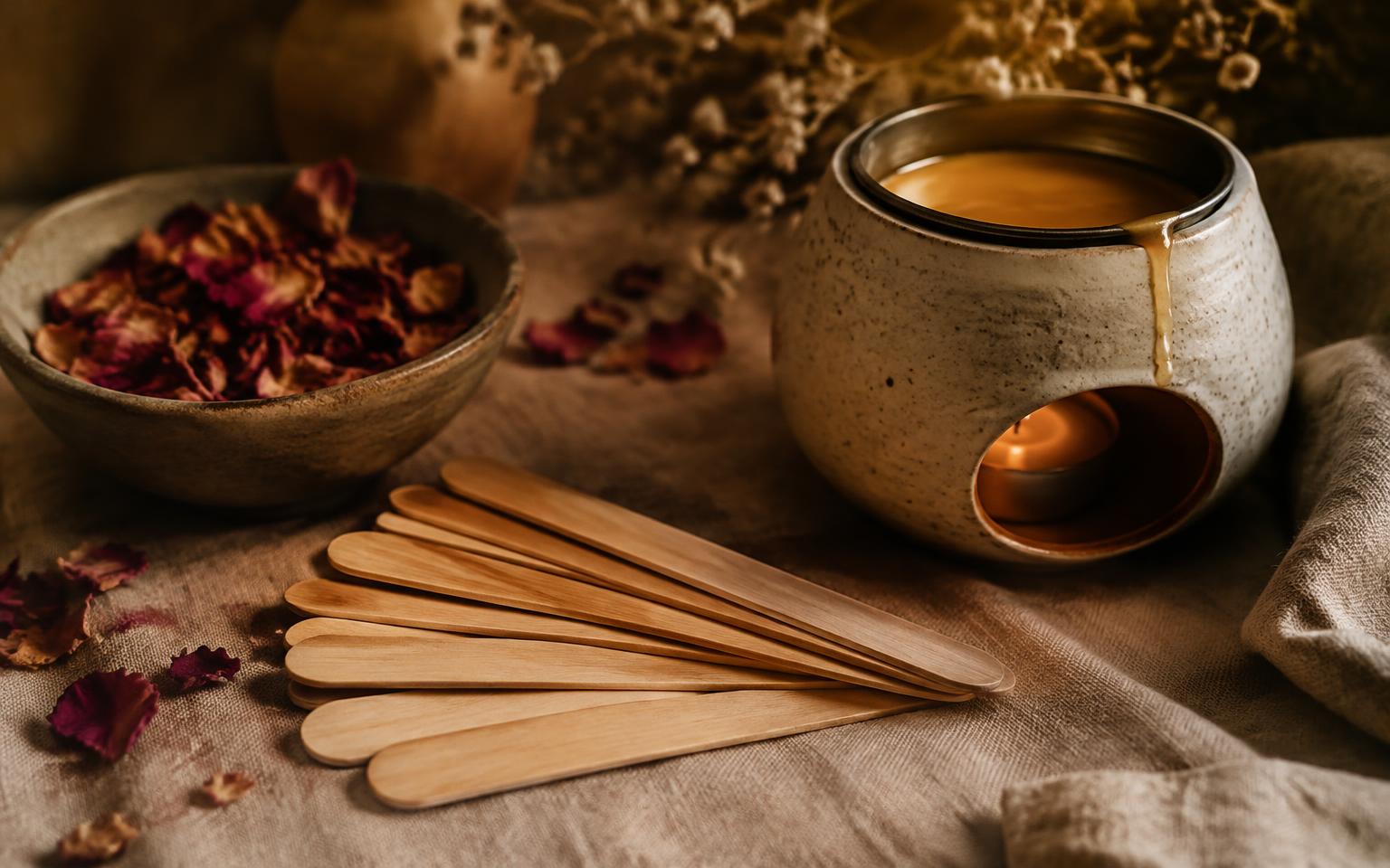 Wax warmer, spatulas and dried rose petals on linen