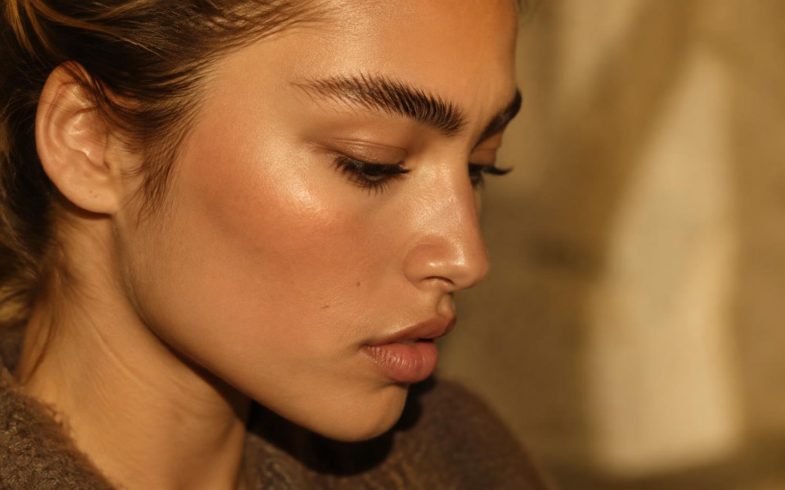Full, brushed-up laminated brows in profile