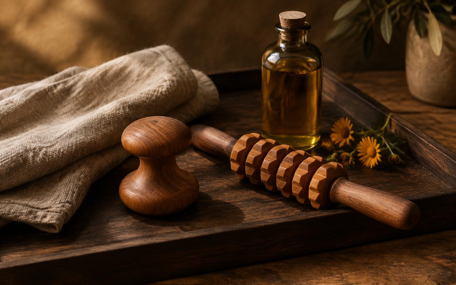 Wooden massage tools and oil on a dark tray