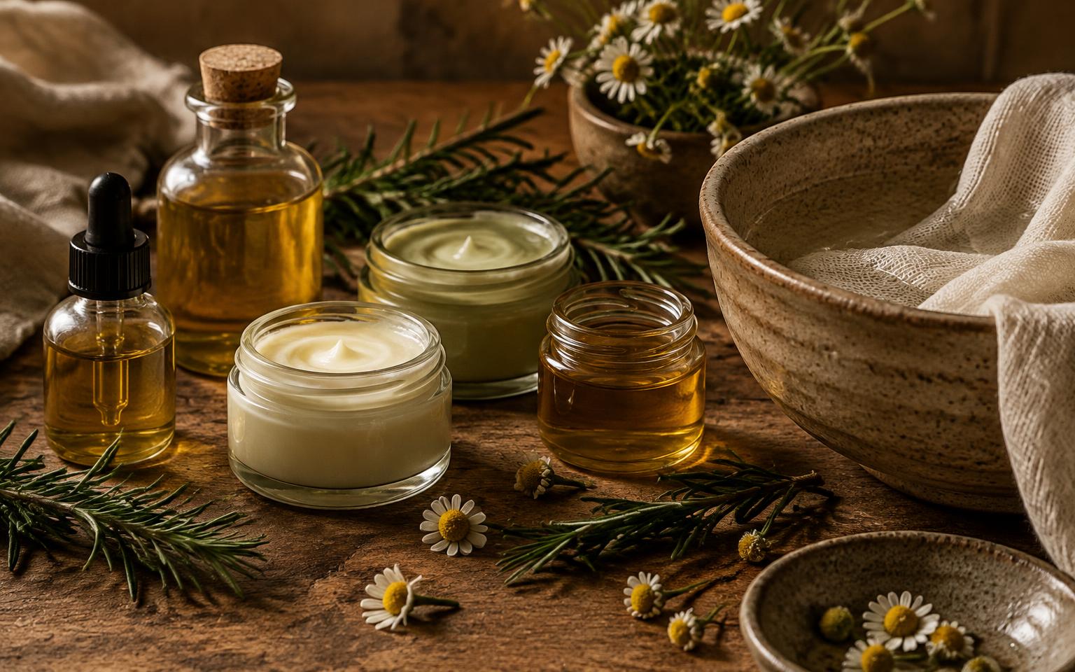 Facial oils and creams with chamomile and a ceramic bowl