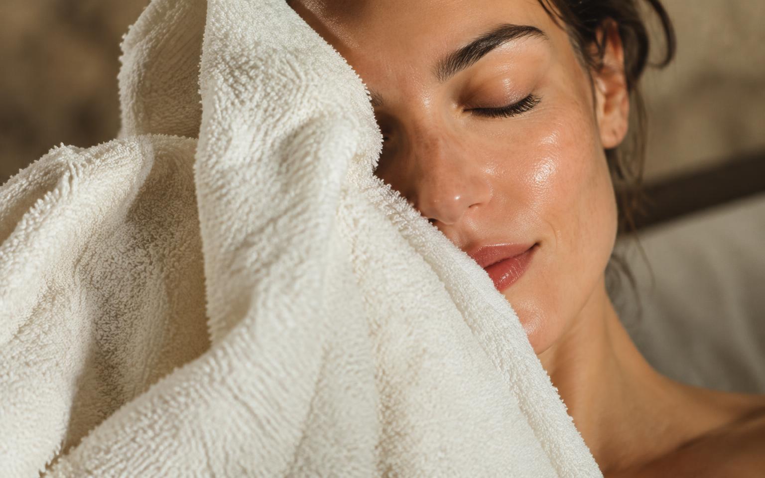 Glowing skin softly framed by a white towel