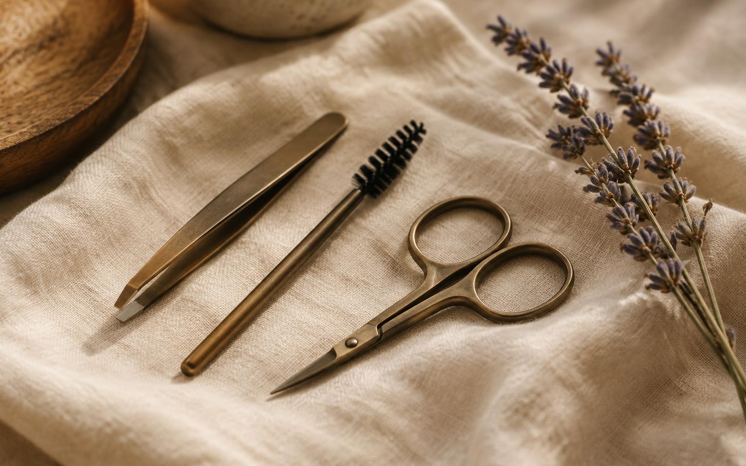Brow tweezers, spoolie and scissors on linen
