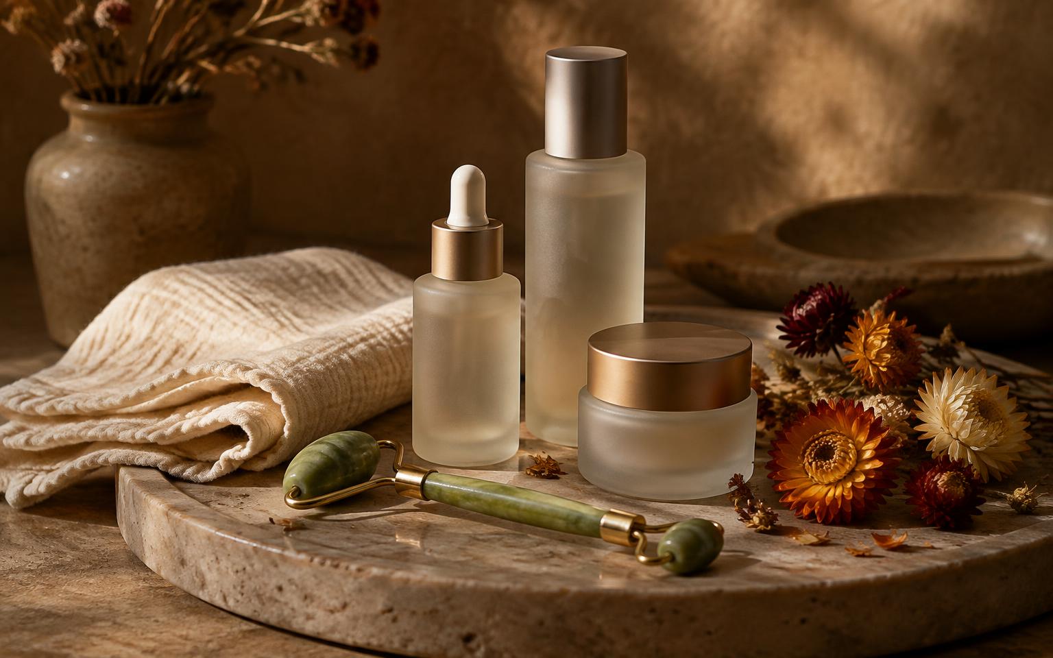 Skincare bottles, jade roller and muslin cloth on a stone tray