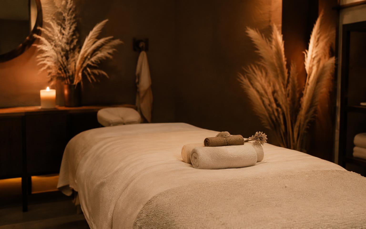 Massage couch dressed in cream linen with candlelight