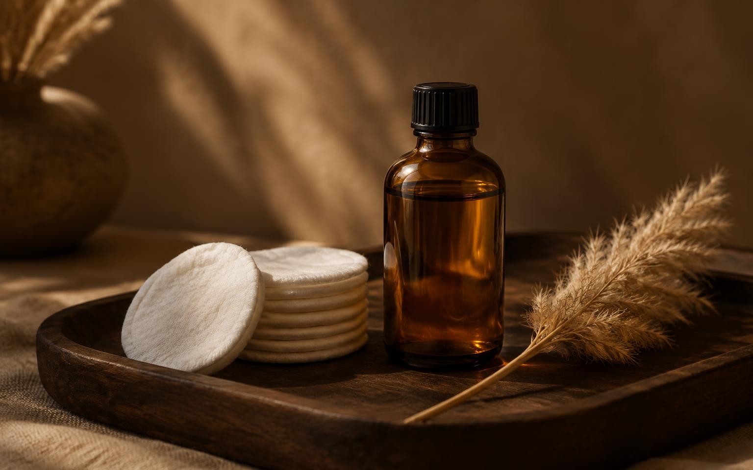 After-wax soothing oil and cotton pads on a wooden tray