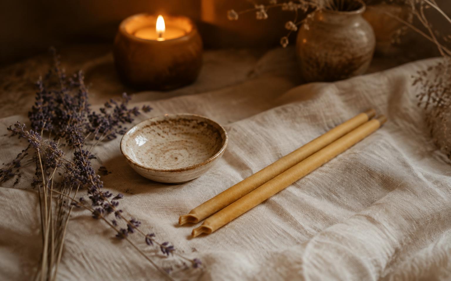 Beeswax ear candles with lavender and candlelight