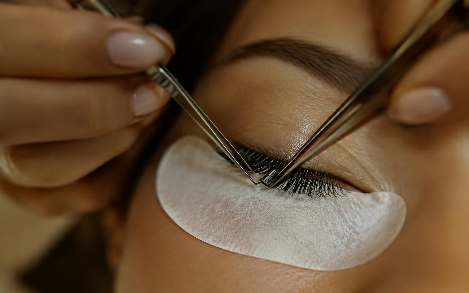 Lash extensions being applied with fine tweezers