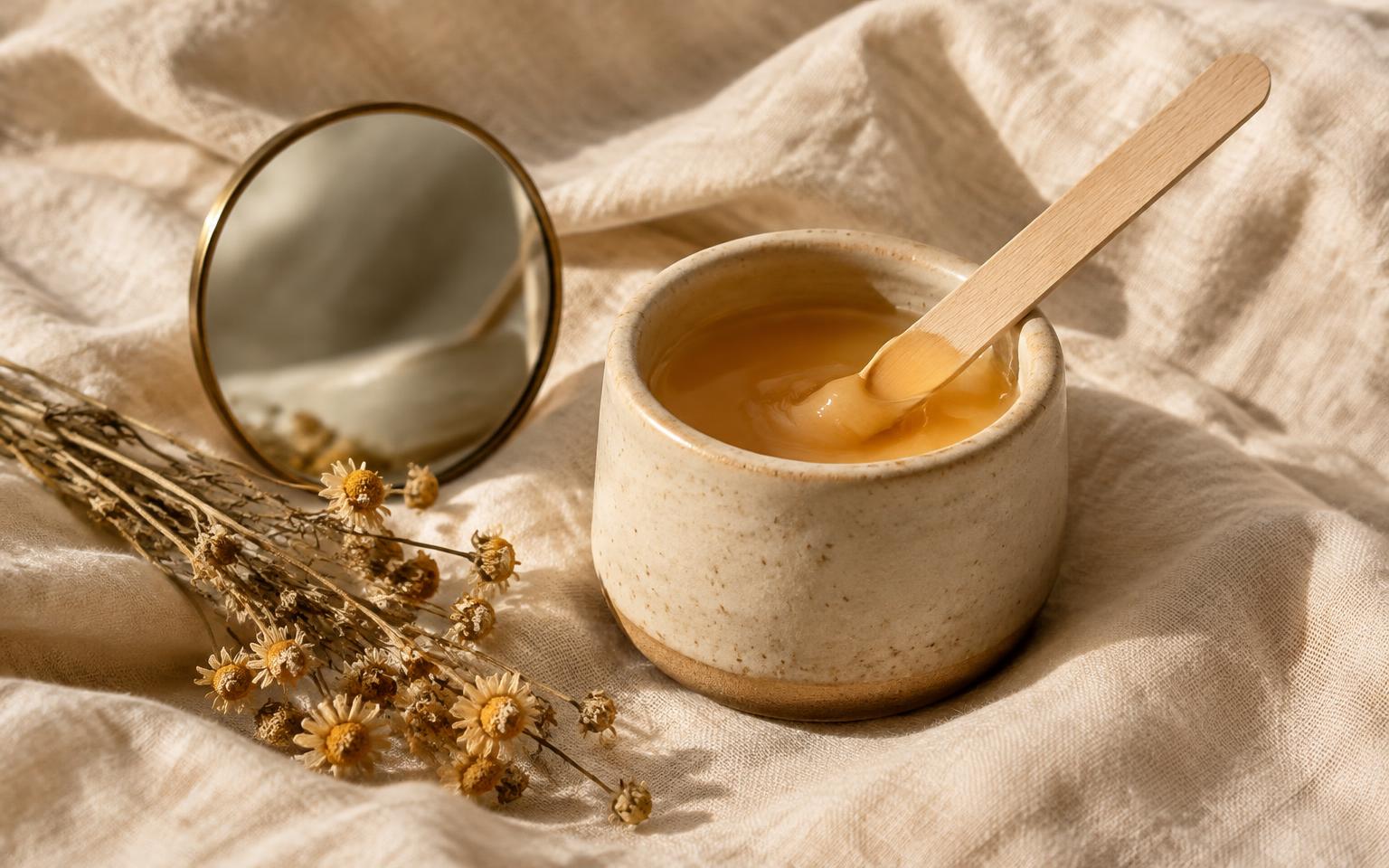 Small pot of wax with a spatula and mirror