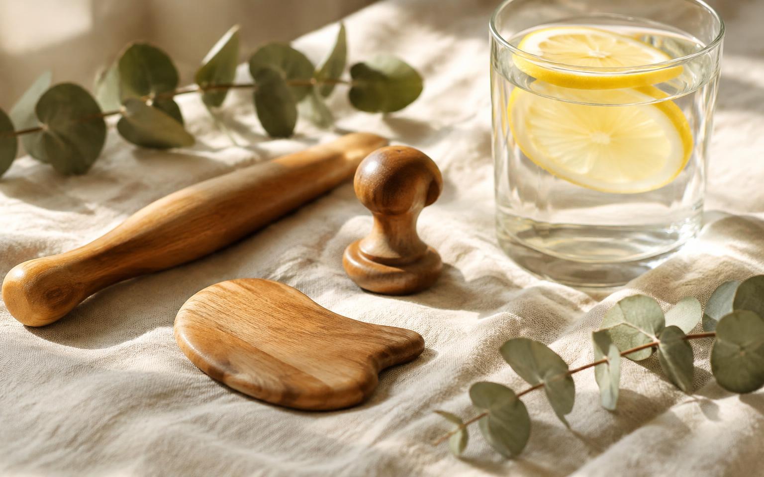 Wooden massage tools and lemon water on linen