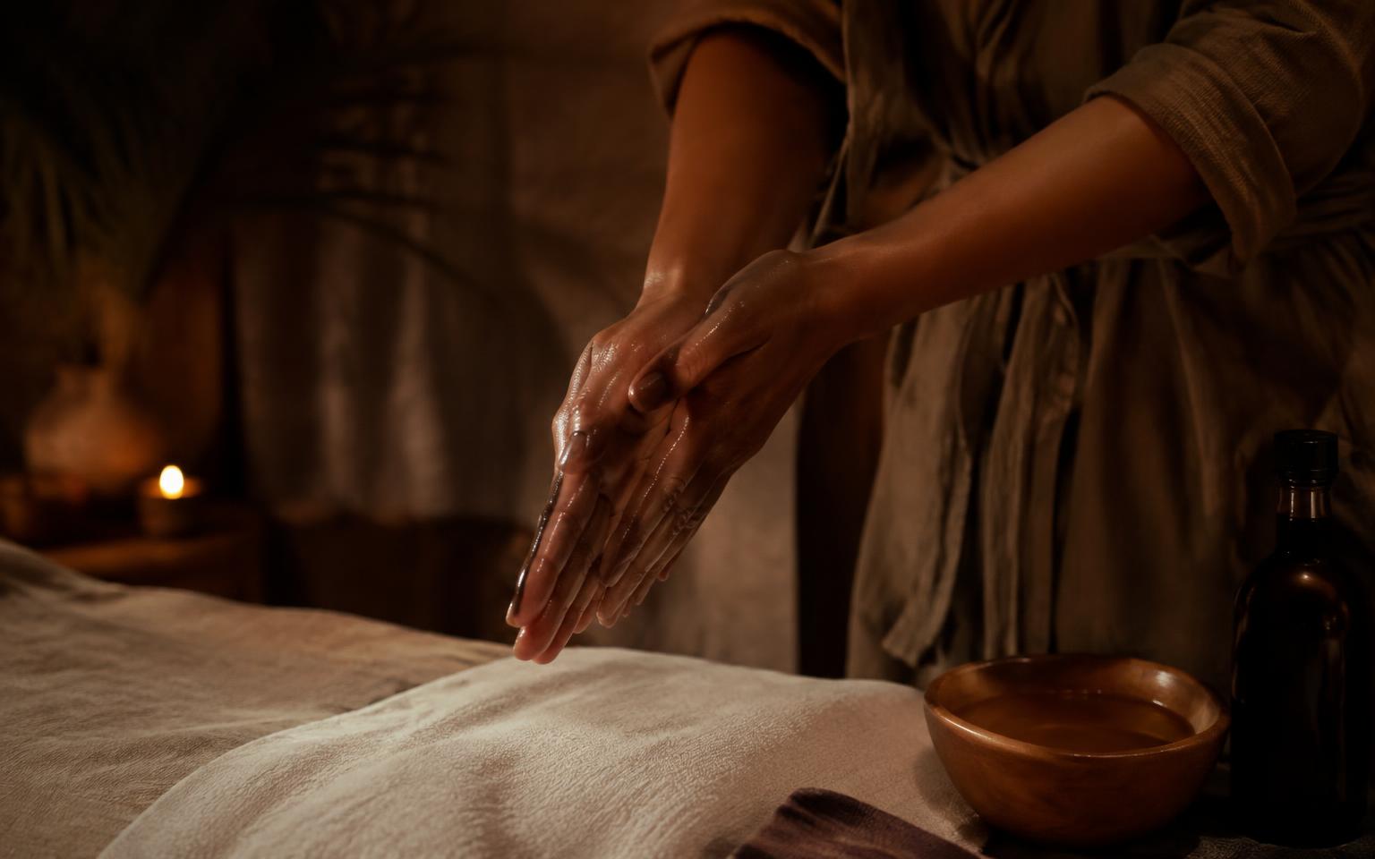 Therapist warming massage oil between their hands