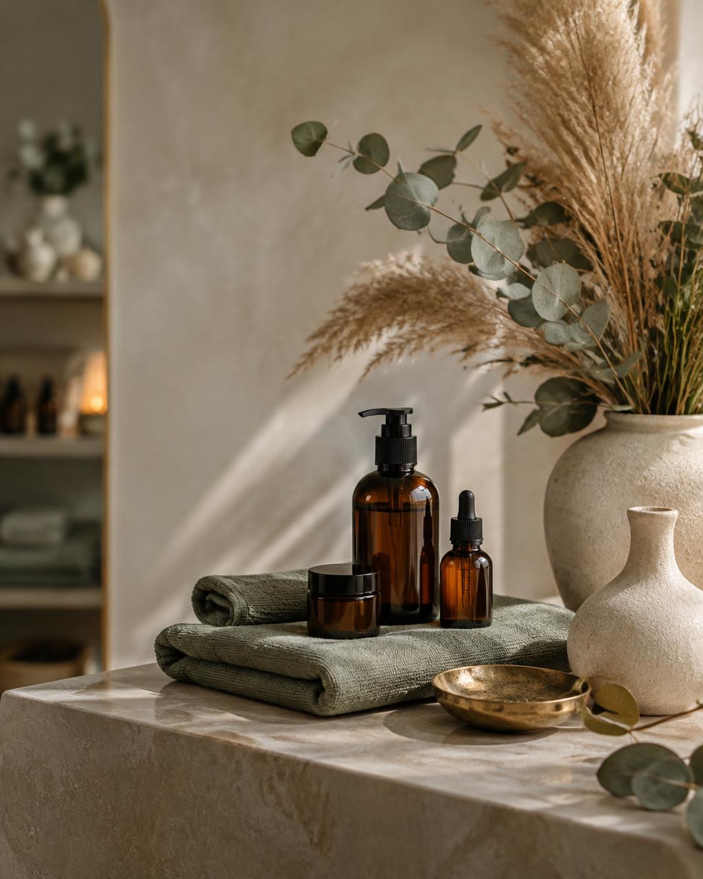 Amber skincare bottles on a sage towel beside eucalyptus and pampas grass