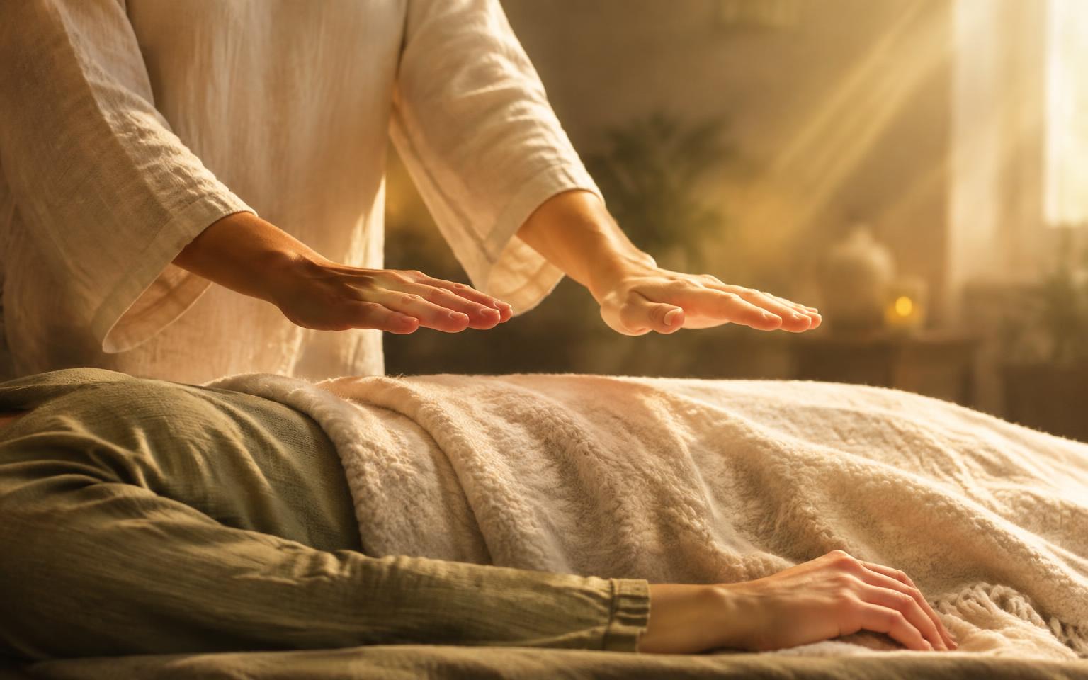 Practitioner's hands held above a resting client in golden light