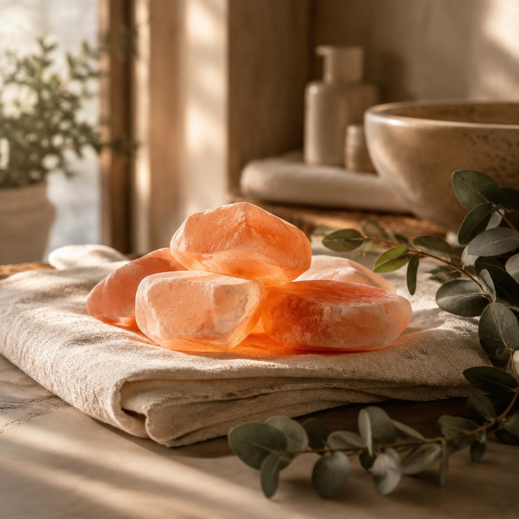 Glowing pink Himalayan salt stones on a linen towel with eucalyptus