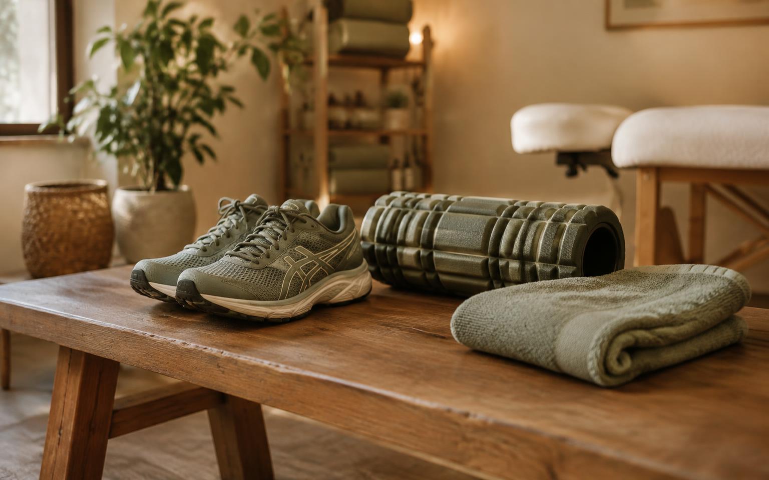 Running shoes, foam roller and towel in a treatment room