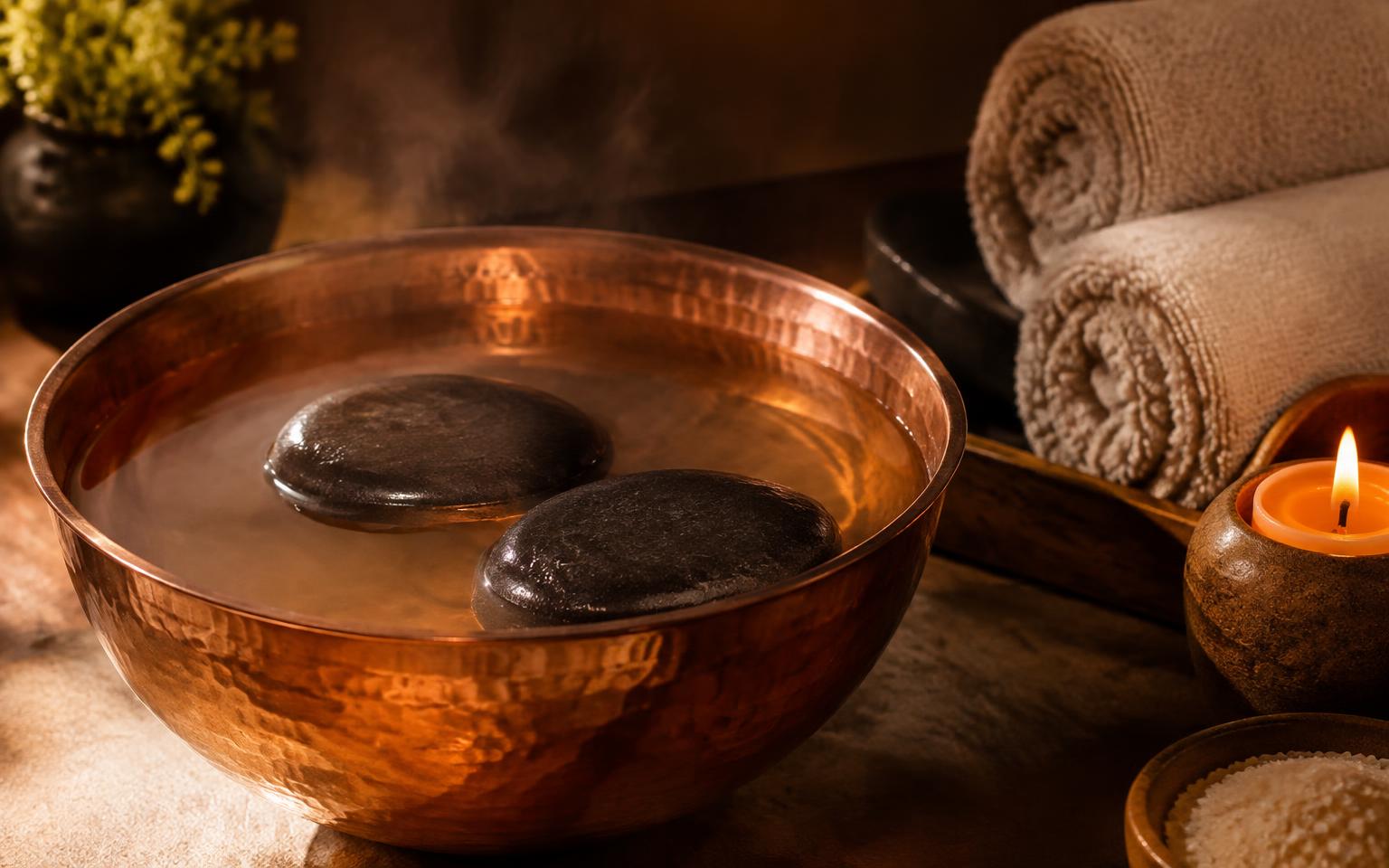 Massage stones warming in a copper bowl beside rolled towels