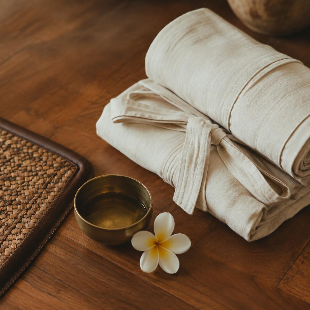 Loose cotton clothing, a woven mat, brass bowl and frangipani flower