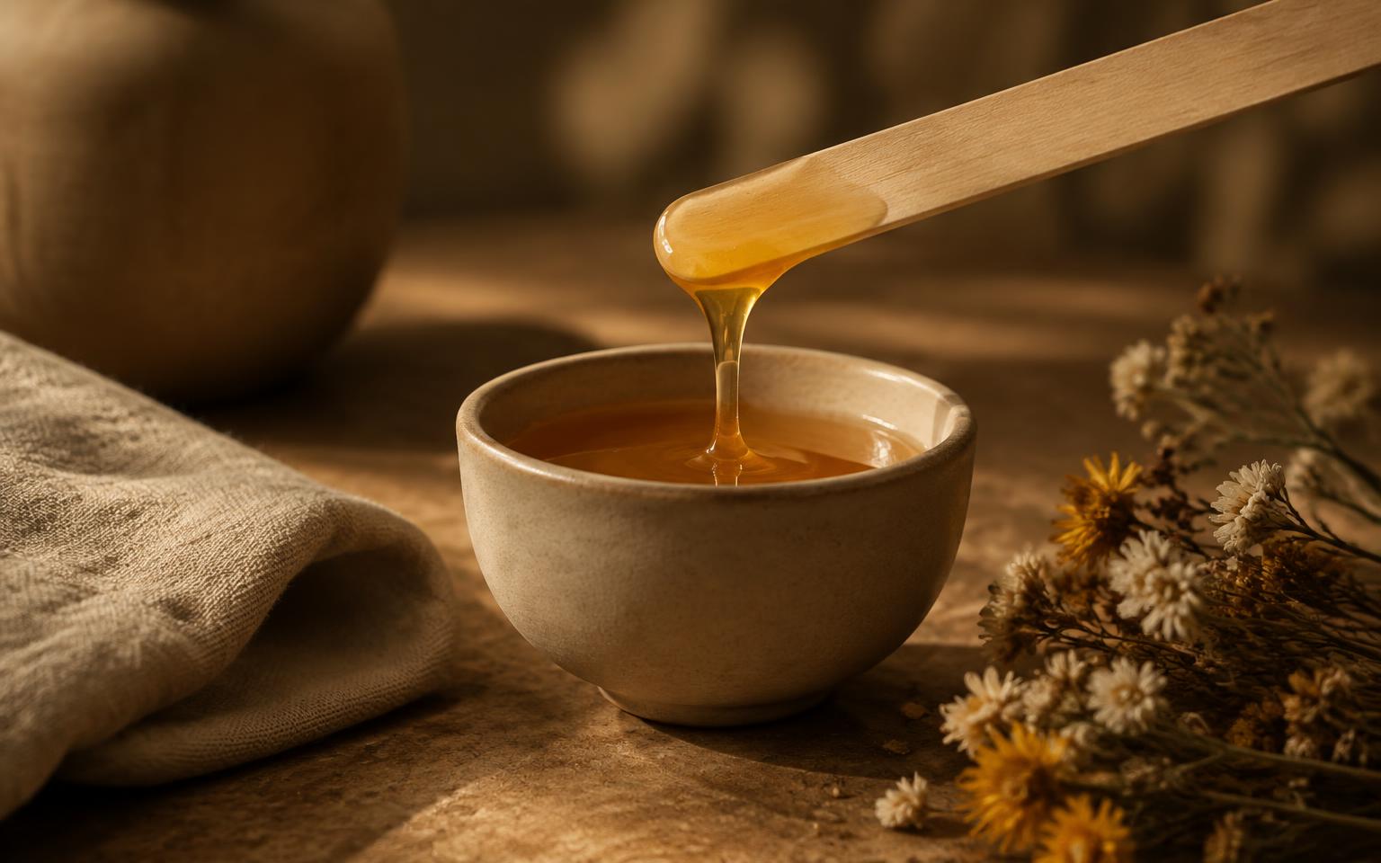 Warm golden wax dripping from a wooden spatula