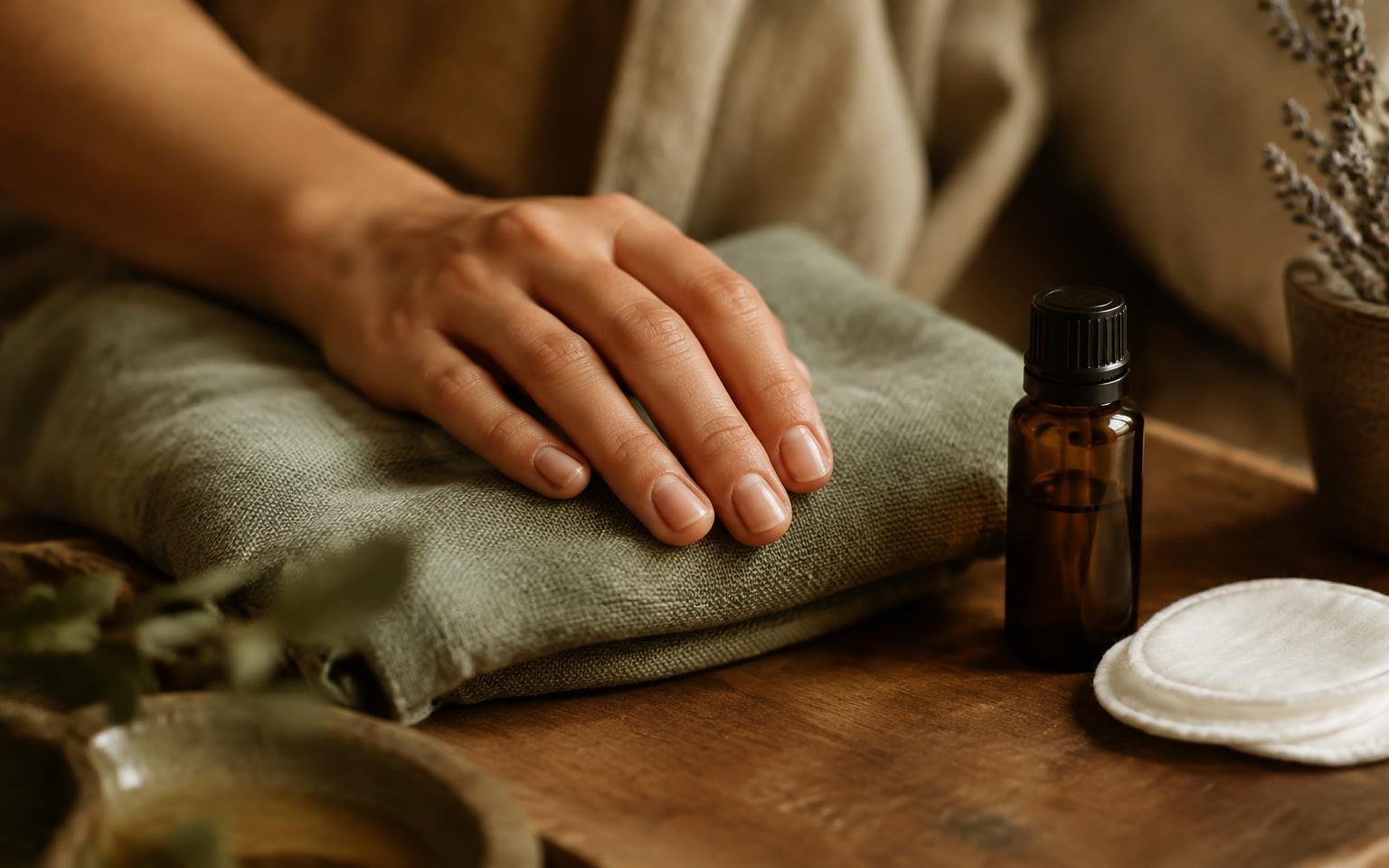 Hand with healthy natural nails resting on a sage linen towel