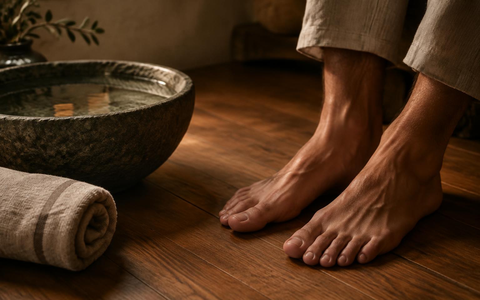 Man's bare feet beside a stone foot bowl and towel